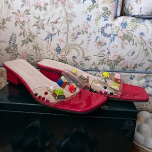 Red Gem-Embellished Slide Sandals